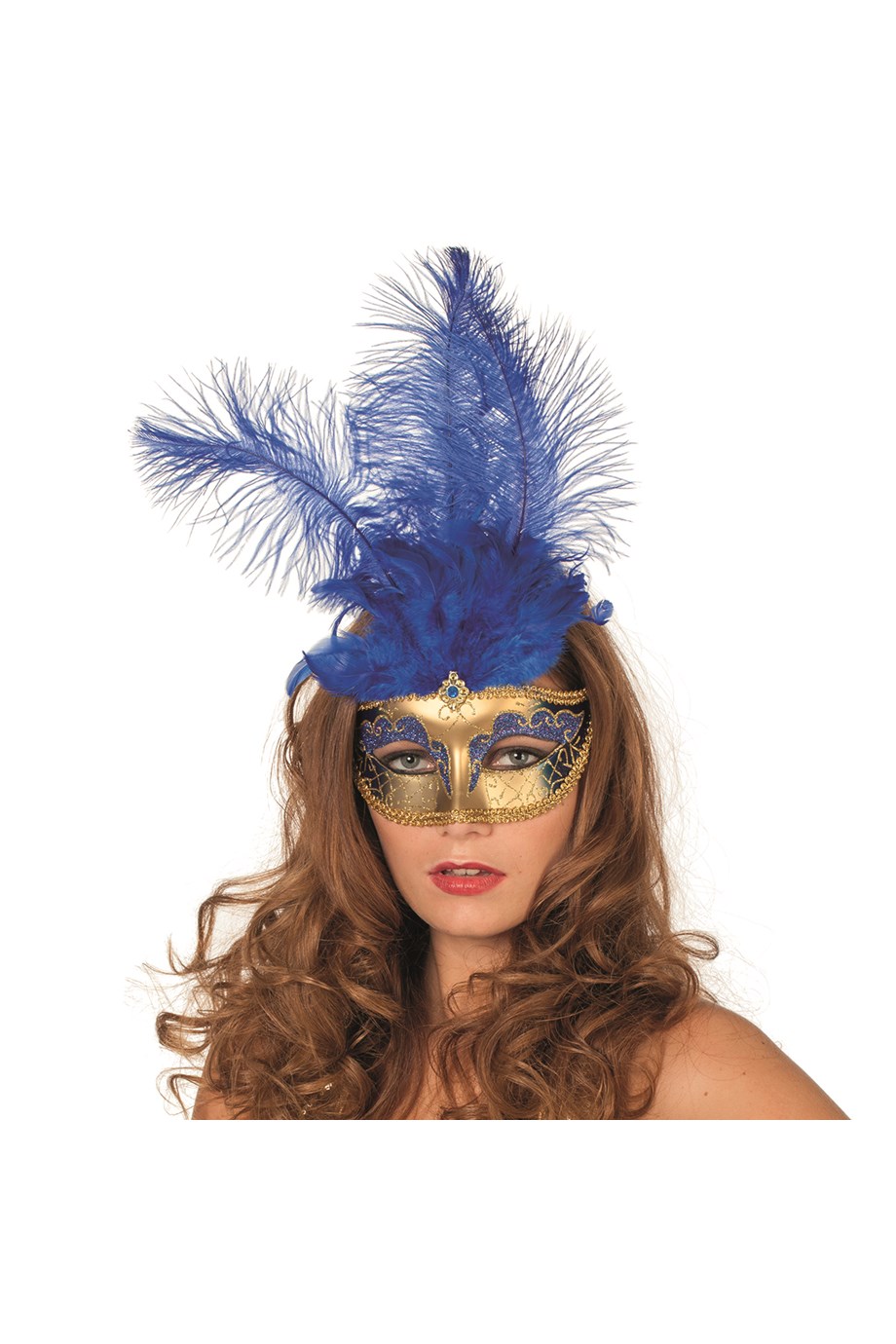 Venetiaans masker blauw met grote pluimen - .Willaert, verkleedkledij, carnaval kledij, carnaval outfit, feestkledij, masker, Venetiaanse maskers, oogmasker, loupe, Venetiaans bal, gemaskerd bal, bal masque, gemaskerd feest, Masquerade