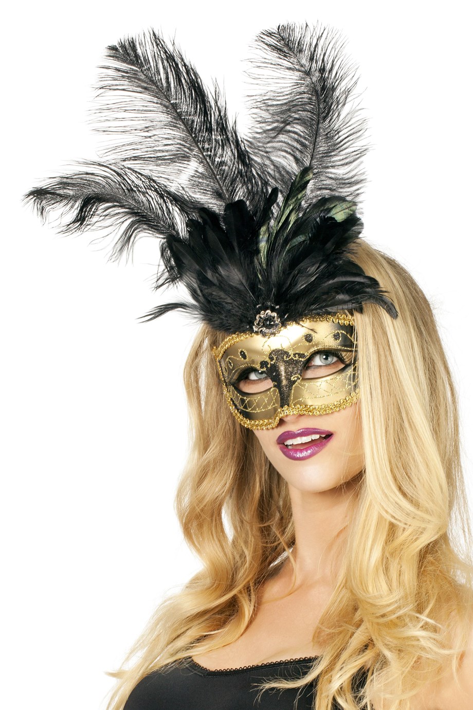 Venetiaans masker zwart met grote pluimen - .Willaert, verkleedkledij, carnaval kledij, carnaval outfit, feestkledij, masker, Venetiaanse maskers, oogmasker, loupe, Venetiaans bal, gemaskerd bal, bal masque, gemaskerd feest, Masquerade