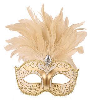 Venetiaans masker wit met kleine pluimen - .Willaert, verkleedkledij, carnaval kledij, carnaval outfit, feestkledij, masker, Venetiaanse maskers, oogmasker, loupe, Venetiaans bal, gemaskerd bal, bal masque, gemaskerd feest, Masquerade