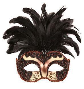 Venetiaans masker zwart met kleine pluimen - .Willaert, verkleedkledij, carnaval kledij, carnaval outfit, feestkledij, masker, Venetiaanse maskers, oogmasker, loupe, Venetiaans bal, gemaskerd bal, bal masque, gemaskerd feest, Masquerade
