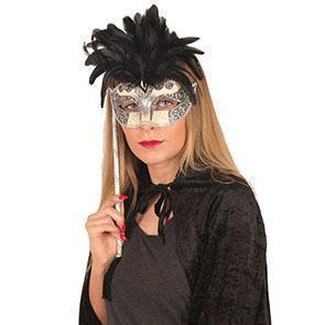Venetiaans masker zwart op stok - .Willaert, verkleedkledij, carnaval kledij, carnaval outfit, feestkledij, masker, Venetiaanse maskers, oogmasker, loupe, Venetiaans bal, gemaskerd bal, bal masque, gemaskerd feest, Masquerade