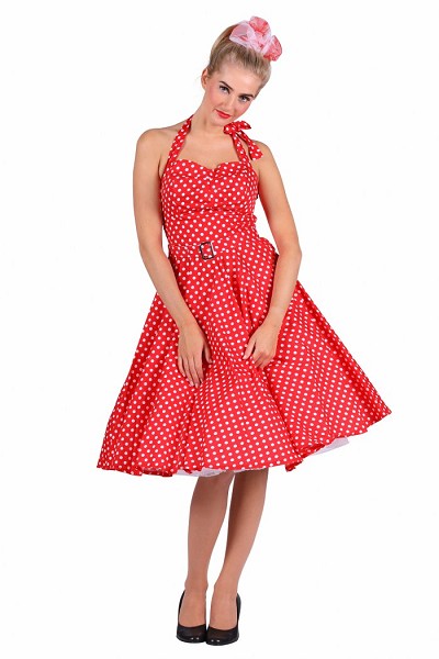 Rock en Roll dame rood met witte bollen - Willaert, verkleedkledij, carnavalkledij, carnavaloutfit, feestkledij, jaren 50