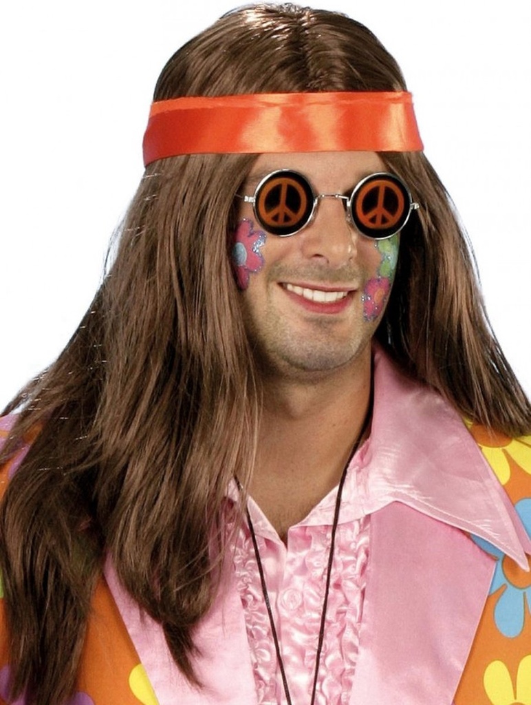 Pruik Hippie bruin met oranje band
