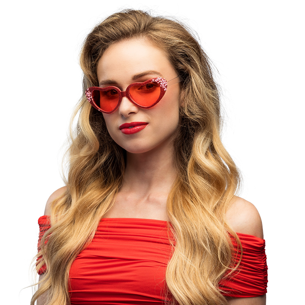 Bril hartjes glitter rood met sterretjes