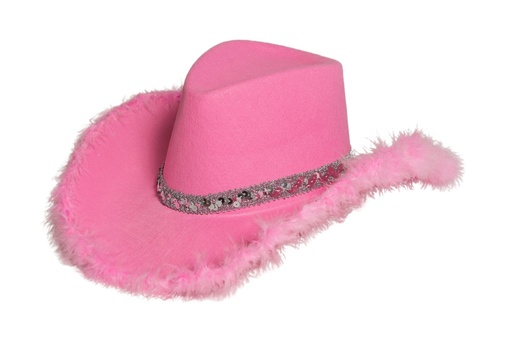 Cowboyhoed roze met glitter en bont