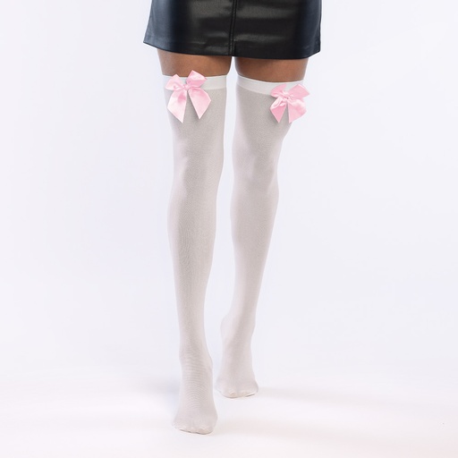 Kniekousen wit met lichtroze strik 