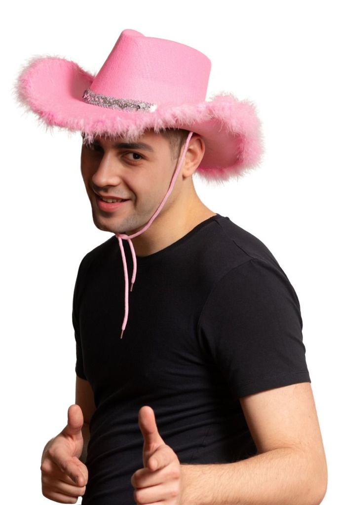 Cowboyhoed roze met glitter en bont