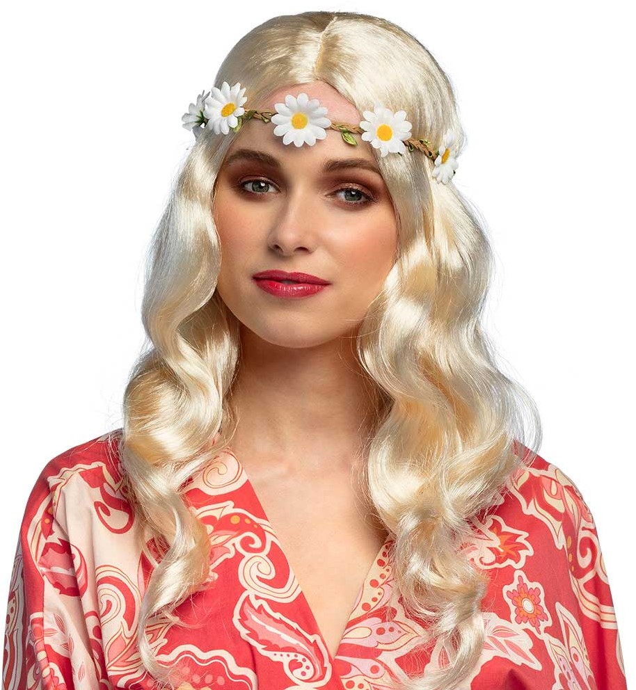 Pruik Joy blond met bloemenband