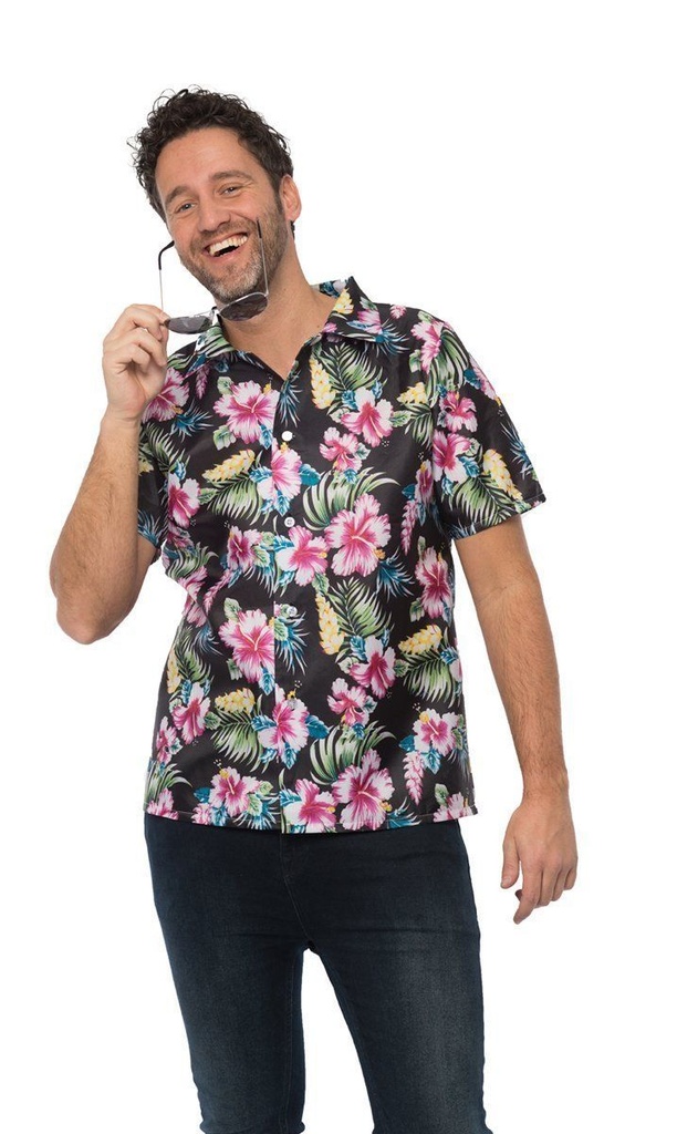 Hawaïhemd zwart met bloemen