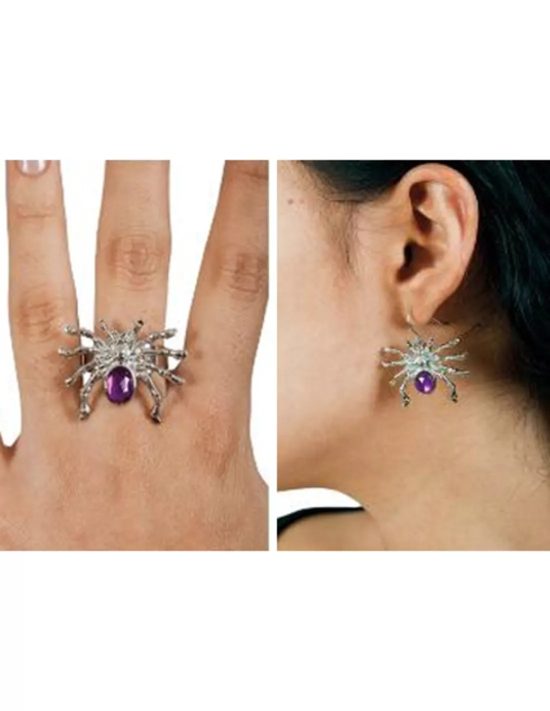 Ring en oorringen spin zilver/paars