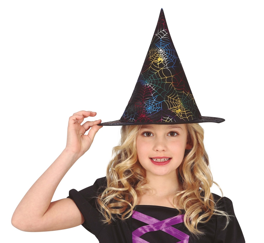 Heksenhoed kind zwart met gekleurde spinnenweb