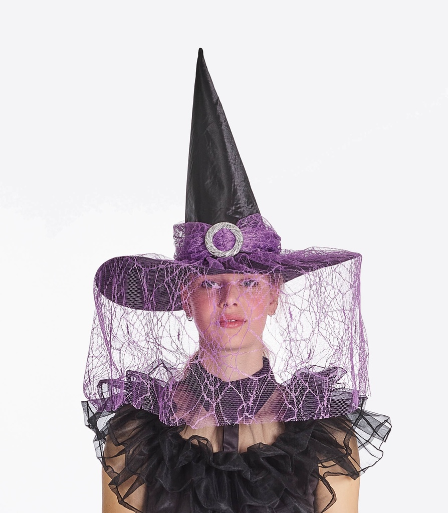 Heksenhoed zwart met paarse kant