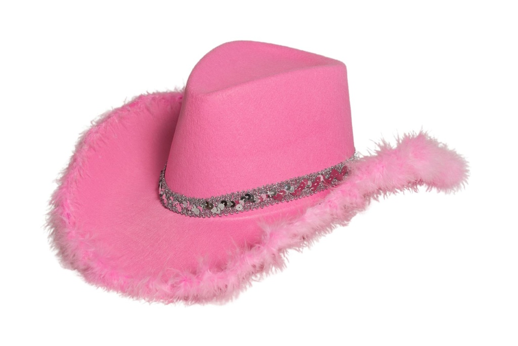 Cowboyhoed roze met glitter en bont