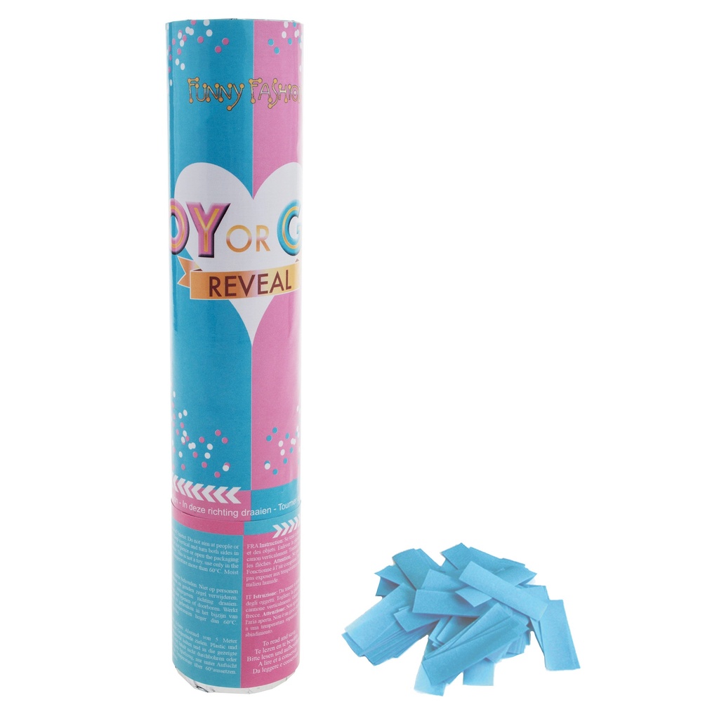 Confettikanon gender revael blauw 20 cm