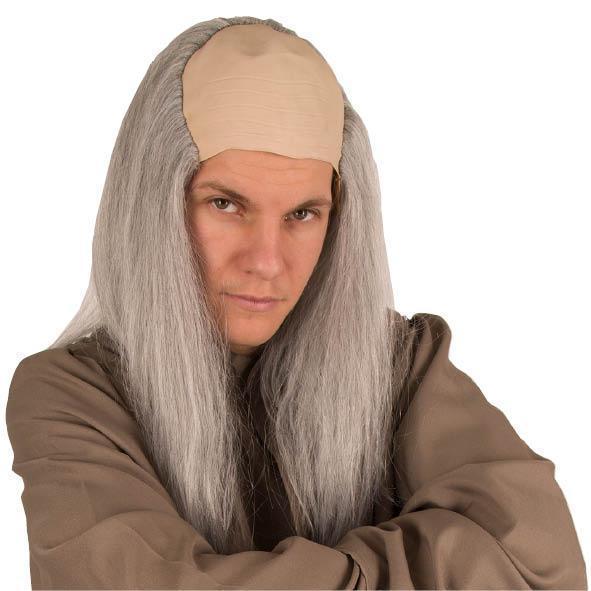 Pruik Kaalkop lang grijs