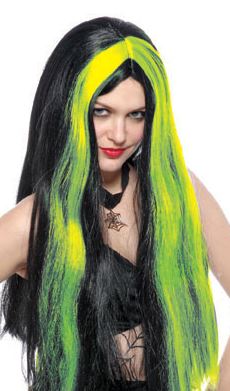 Pruik Heks zwart met groene bles