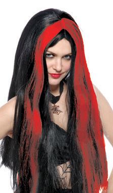Pruik Heks zwart met rode bles
