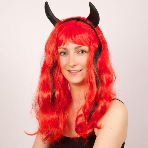 Pruik Duivel lang rood met zwarte bles